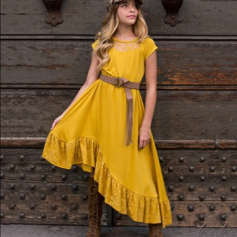 Joyfolie Mustard Liza Belted Asymmetrical Sheer Hem Floral Lace Maxi Dress